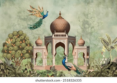 Mughal garden, arch, peacock, plant botanical landscape illustration. Royal Mughal Garden with Archway, Peacock, and Plant Motifs.
