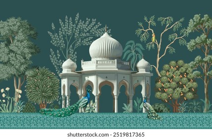 
Jardim mogol, arco, pavão, planta ilustração paisagem botânica. Mogol com ilustrações da selva botânica.