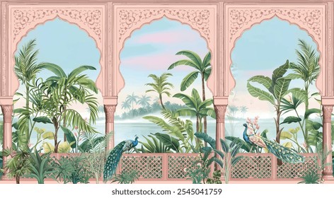 Mughal garden, arch, peacock, plant botanical landscape illustration. Tropical forest jungle with peacock wallpaper.