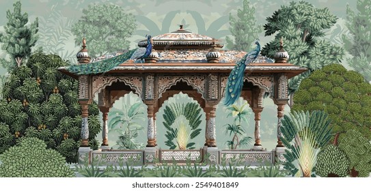 Mughal garden, arch, peacock, plant botanical landscape illustration. Trend mural wallpaper design, landscape illustration.