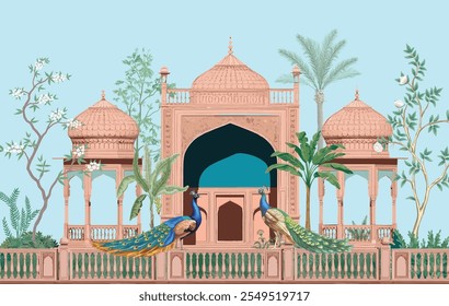 Mughal garden, arch, peacock, plant botanical landscape illustration. Trend mural wallpaper design, botanical tree landscape illustration.