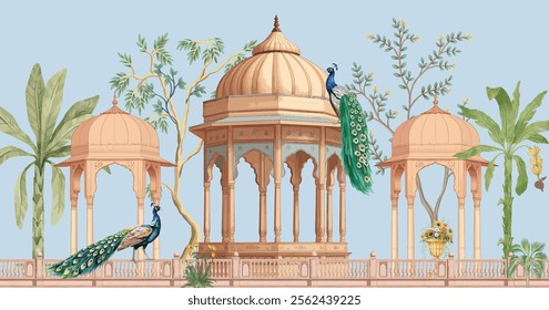 Mughal garden, arch, peacock, plant botanical landscape illustration. Trend mural wallpaper design.