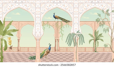 Mughal garden, arch, peacock, plant botanical landscape illustration. Trend mural wallpaper design.