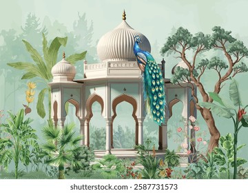 Mughal garden, arch, peacock, plant botanical landscape illustration. Trend mural wallpaper design.