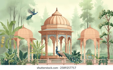 Mughal garden, arch, peacock, plant botanical landscape illustration. Royal Mughal Garden with Archway, Peacock.
