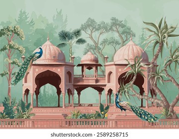 Mughal garden, arch, peacock, plant botanical landscape illustration.