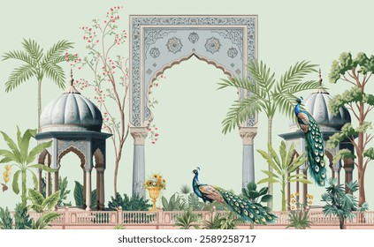 Mughal garden, arch, peacock, plant botanical landscape illustration.