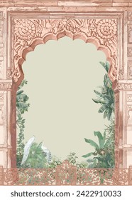 Mughal garden with arch, peacock, tree illustration