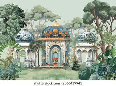 Mughal garden arch, peacock, water lily, illustration. Mughal garden with swans water lilies in a lake. Mughal Dome, Mughal Wall Mural.