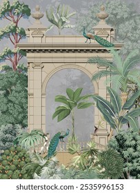 Mughal Garden arch, pecock illustations luxury wallpaper. Vintage jungle wallpaper illustration.