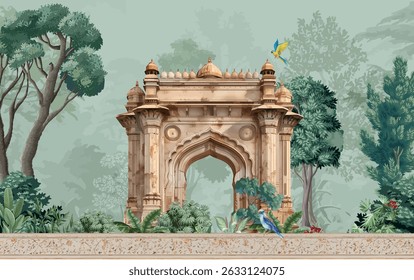 Mughal garden arch, plant, bird illustration for wallpaper. Traditional Mughal decorative palace and garden Arch tree plants illustration. Traditional mughal garden arch forest wallpaper.