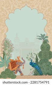 Mughal garden arch, plant, elephant, peacock illustration. Traditional Islamic vector printable design for invitation