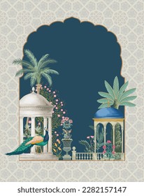 Mughal garden arch, plant, peacock illustration. Traditional Islamic vector pattern design for invitation