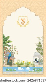 Mughal garden arch, plant, peacock illustration for invitation. Indian traditional mughal pichwai art.