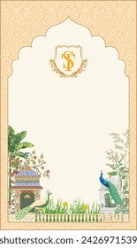 Arco de jardín mogol, planta, ilustración de pavo real para invitación. Arte tradicional indio mogol pichawi.