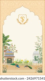 Mughal garden arch, plant, peacock illustration for invitation. Indian traditional mughal pichwai art.