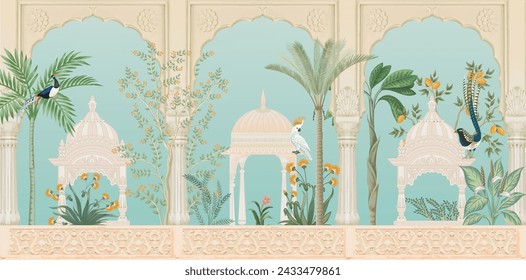 Mughal garden arch, plant, peacock illustration for wallpaper. Traditional garden wallpaper design illustration.