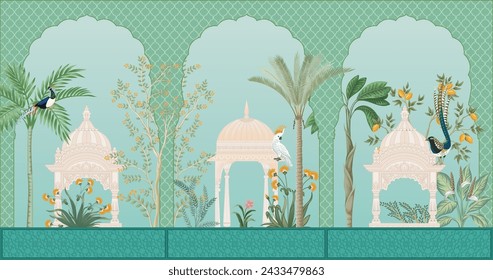 Mughal garden arch, plant, peacock illustration for wallpaper. Traditional garden wallpaper design illustration.