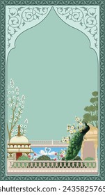 Mughal garden arch, plant, peacock illustration for wallpaper. Indian traditional mughal pichwai art.