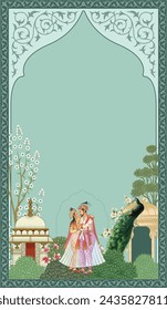 Mughal garden arch, plant, peacock illustration for wallpaper. Indian traditional mughal pichwai art miniature painting.