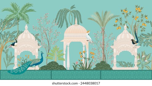 
Arco de jardín mogol, planta, ilustración de pavo real para el Fondo de pantalla. Ilustración vectorial de diseño de Fondo de pantalla tradicional.