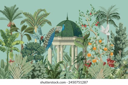 Mughal garden arch, plant, Peacock illustration for wallpaper. Tropical jungle wallpaper illustrations. Banana leaves Tropical leaves wallpaper.