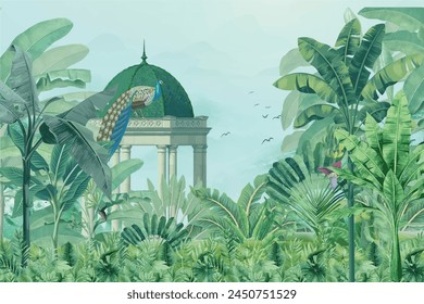 Arco de jardín mogol, planta, ilustración de pavo real para el Fondo de pantalla. Ilustraciones de Fondo de pantalla de selva tropical. Hojas de plátano Hojas tropicales de Fondo de pantalla.