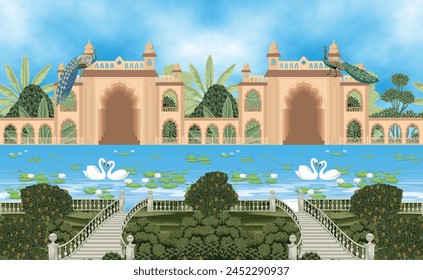 Mughal garden arch, plant, peacock illustration for wallpaper. Mughal Garden, Water lily , swan in a beautiful lake.