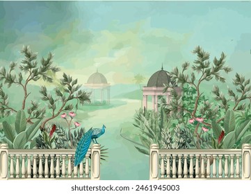 Mughal garden arch, plant, Peacock illustration for wallpaper. Tropical jungle wallpaper illustrations. leaves wallpaper.