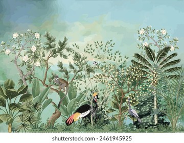 Arco de jardín mogol, planta, ilustración de pavo real para el Fondo de pantalla. Ilustraciones de Fondo de pantalla de selva tropical. hojas de Fondo de pantalla. Grúa coronada.