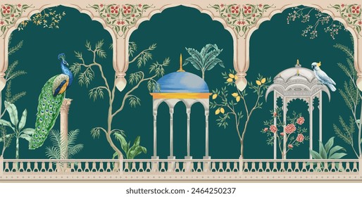 Mughal garden arch, plant, peacock pattern illustration for wallpaper. Traditional garden wallpaper design vector illustration.