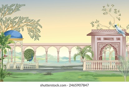 
Mughal garden arch, plant, peacock pattern illustration for wallpaper. Traditional garden wallpaper design vector illustration.