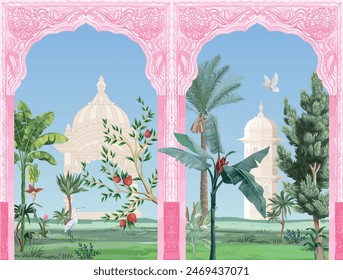 Mughal garden arch, plant, peacock pattern illustration for wallpaper. Traditional garden wallpaper design illustration.