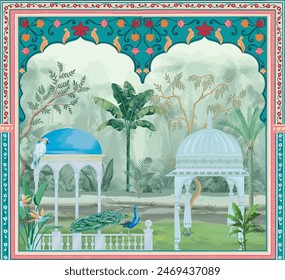 Mughal garden arch, plant, peacock pattern illustration for wallpaper. Traditional garden wallpaper design illustration.