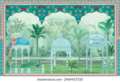 Mughal garden arch, plant, peacock pattern illustration for wallpaper. Traditional garden wallpaper design illustration.