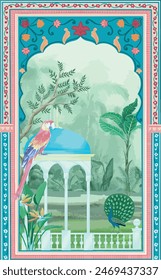 Mughal garden arch, plant, peacock pattern illustration for wallpaper. Traditional garden wallpaper design illustration.