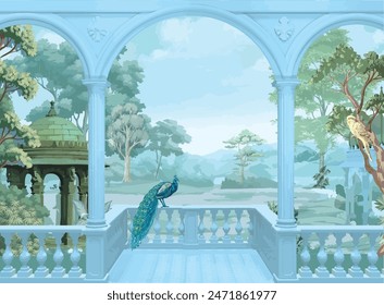 Mughal garden arch, plant, peacock illustration for wallpaper. Traditional garden wallpaper design vector illustration.