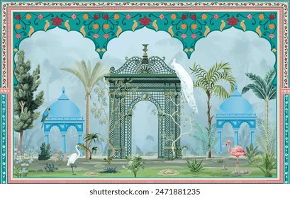 Arco de jardín mogol, planta, ilustración de patrón de pavo real para el Fondo de pantalla. Ilustración de diseño de Fondo de pantalla de jardín tradicional.