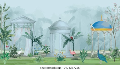 Arco de jardín mogol, planta, ilustración de patrón de pavo real para el Fondo de pantalla. Ilustración de diseño de Fondo de pantalla de jardín tradicional.