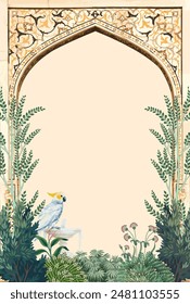 Mughal garden arch, plant, peacock pattern illustration for wallpaper. Traditional garden wallpaper design illustration.