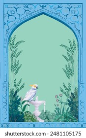 Mughal garden arch, plant, peacock pattern illustration for wallpaper. Traditional garden wallpaper design illustration.