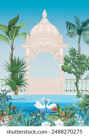 Mughal garden arch, plant, peacock illustration for wallpaper. Mughal Garden, Water lily , swan in a beautiful lake.