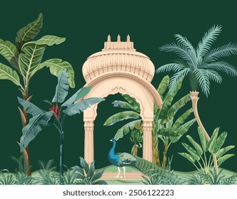 Mughal garden arch, plant, peacock pattern illustration for wallpaper. Traditional garden wallpaper design illustration.