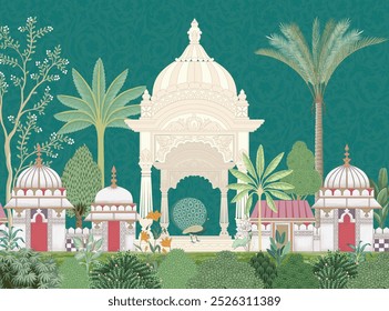 Mughal garden arch, plant, peacock illustration for wallpaper. Traditional garden wallpaper design illustration.