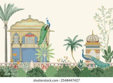 Mughal garden arch, plant, peacock illustration for wallpaper. Traditional garden wallpaper design illustration.