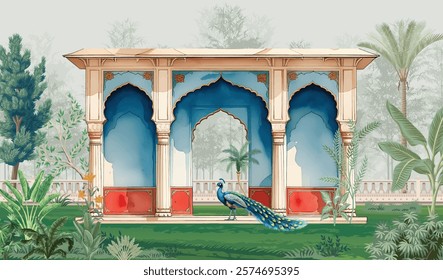 Mughal garden arch, plant, peacock illustration for wallpaper. Traditional garden wallpaper design vector illustration.