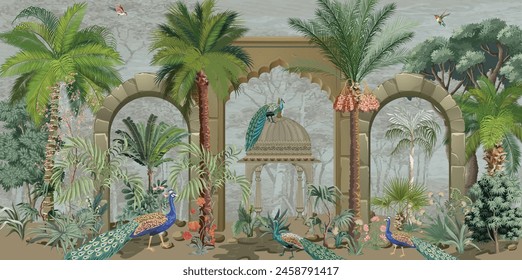 Mughal Garden, Arch, Wallpaper, Peacock, Watercolor tree and background.