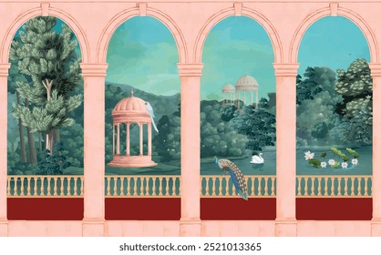 Mughal Garden, Mughal varanda Vintage papel de parede com jardim arco lugar ilustração.