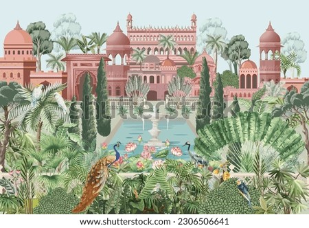 Mughal garden with bird, parrot, peacock, plants, tree, palace illustration pattern for wallpaper