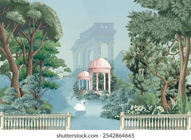 Mughal garden, dome illustration for wallpaper. Botanical tree landscape illustration and swan in a beautiful lake.